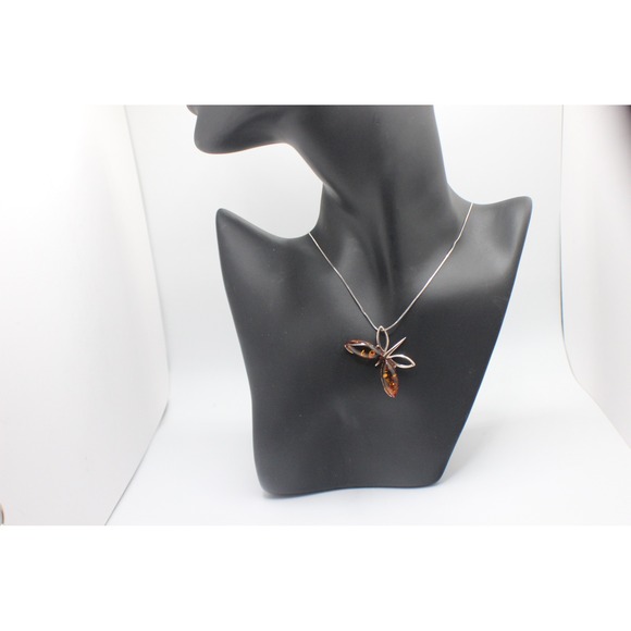 Jewelry - Sterling Silver 925 Baltic Amber Dragonfly Pendant Necklace 18 Inch Snake Chain